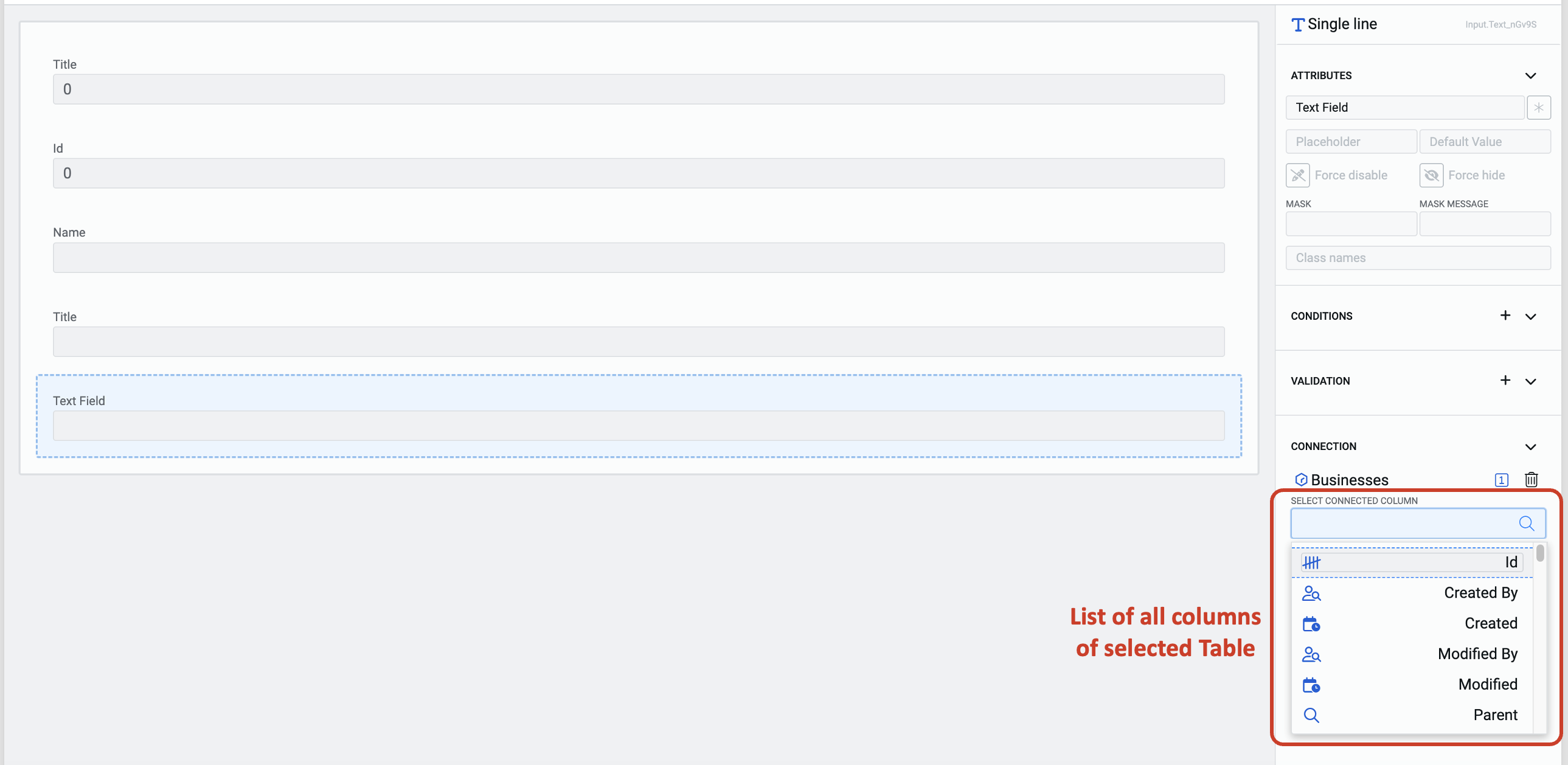 Image showing list of columns of selected table